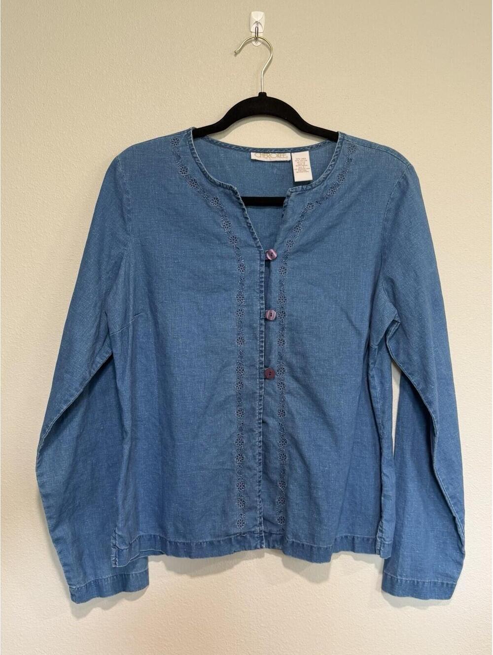 Vintage Cherokee Linen Cotton Chambray Denim Button Down Top Floral Embroidery L